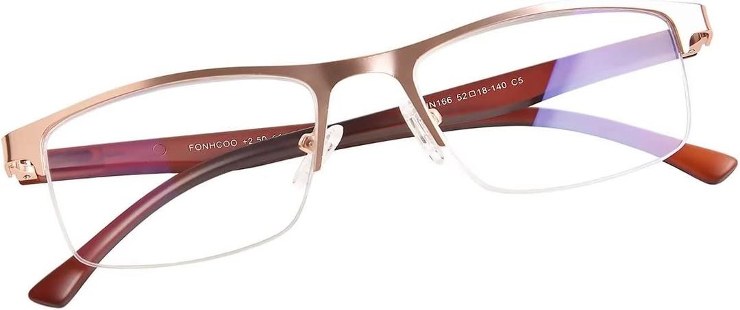 FONHCOO Reading Glasses for Women Men, Blue Light Blocking Reading Glasses Metal Half Frame Computer Readers (Gold)