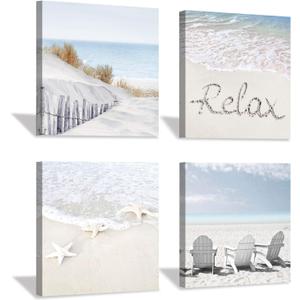 Coastal Artwork Beach Wall Art: Starfish & Chairs on Sand Painting with Word Picture on Canvas for Living Room (16 x 16'' x 4 Panels)