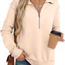 BLENCOT Womens Oversized Sweatshirt Half Zip Fleece Pullover Long Sleeve Fall Side Slit Tops Medium, Beige 