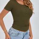 PRETTYGARDEN Womens 2026 Summer Short Sleeve Tops Ribbed Henley Button Slim Fit Basic Casual T Shirts Blouse Fashion Clothing (Large, Army Green)