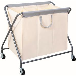 STORAGE MANIAC 160L Collapsible Laundry Hamper with Wheels, Rolling Laundry Basket, Heavy Duty Cloth Sorter with Removable Bag, Folding X Frame Clothes Organizer Cart for Easy to Store, 3 Section (Beige)