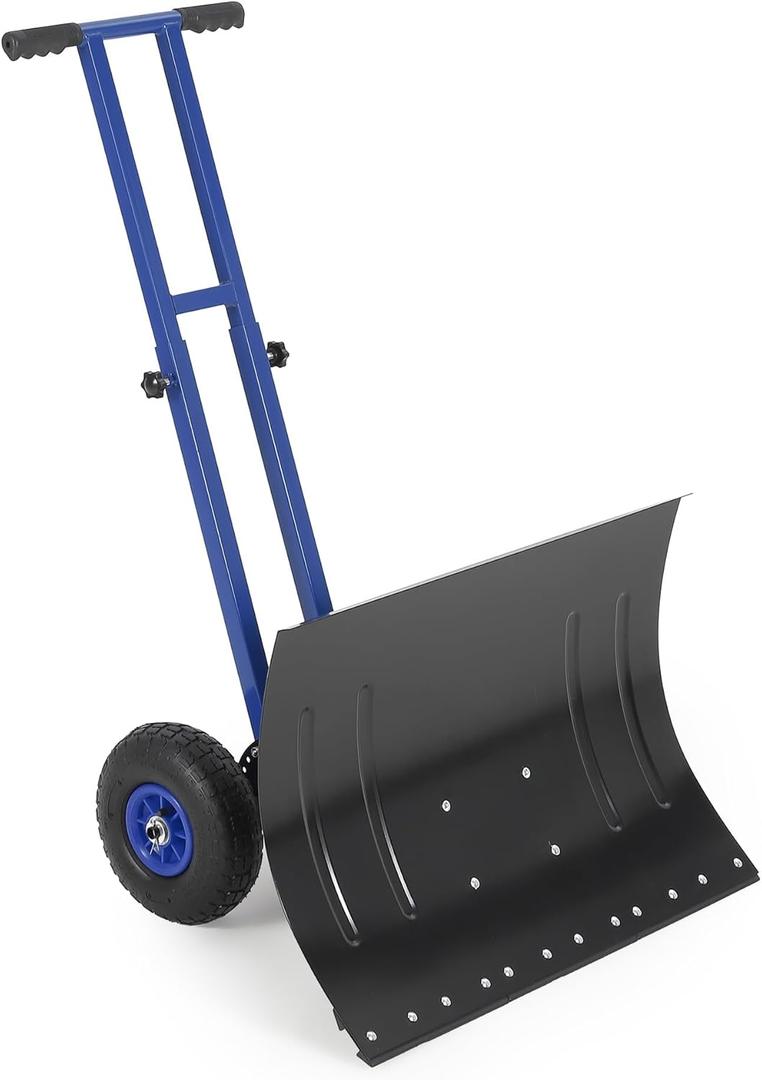 Snow Shovel with 29.13x19.8 in Wide Blade, Heavy Duty Rolling Snow Pusher Shovel with Adjustable Handle and 5-Position Angled Blade for Driveway, Doorway, Sidewalk, Pavement, Black & Blue