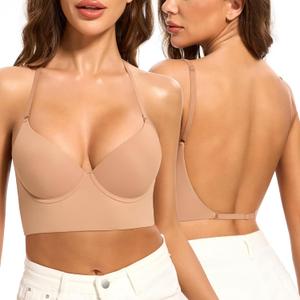 Low Back Bra for Women-Invisiable Backless Bras-Lightly Lined No Show Open Back Low Cut Bra Multiway Halter Bras (34B, Sienna)