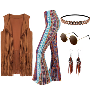5pcs 60s 70s Costume Set for Women - Hippie & Disco Outfits with Fringe Vest, Boho Flared Bell-Bottom Pants, Complete Retro Dance Party Wear for Carnivals, Themed Events & Costume Parties (Vintage Bohemian Ensemble), Size XL