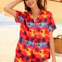 ALLTB Women's 2 Piece Outfits Hawaiian Tropical Print Open Front Button Down Short Sleeve Shirts Beach Boho Style Shorts Set (Orange, M)