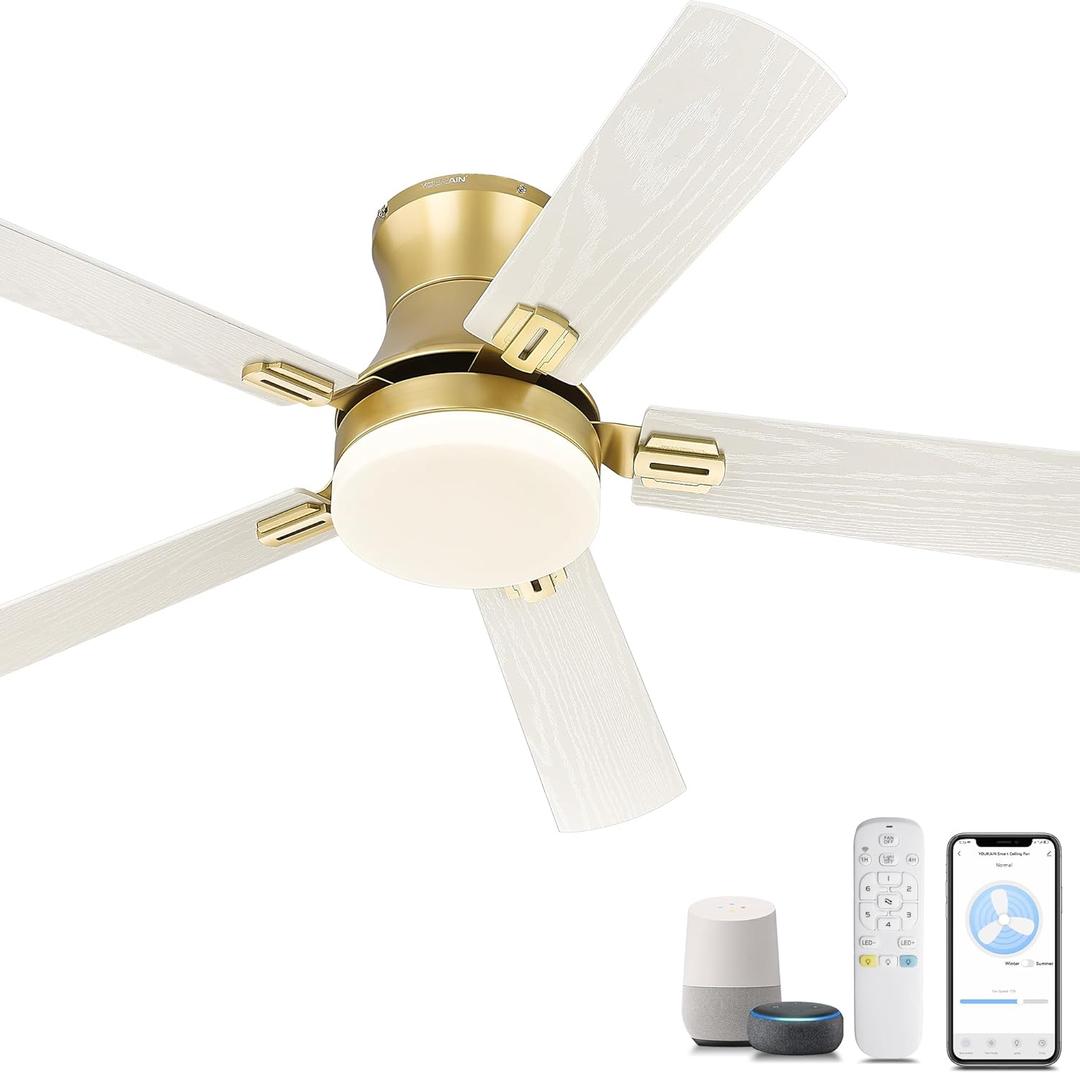 YOUKAIN Ceiling Fans with Lights, 52 inch Low Profile Ceiling fan with Remote Control and App Control, Flush Mount, Reversible, Dimmable, Gold Ceiling Fan for Bedroom, Indoor/Outdoor Use, 52-YJ865-GD (GOLDSmart Fan)