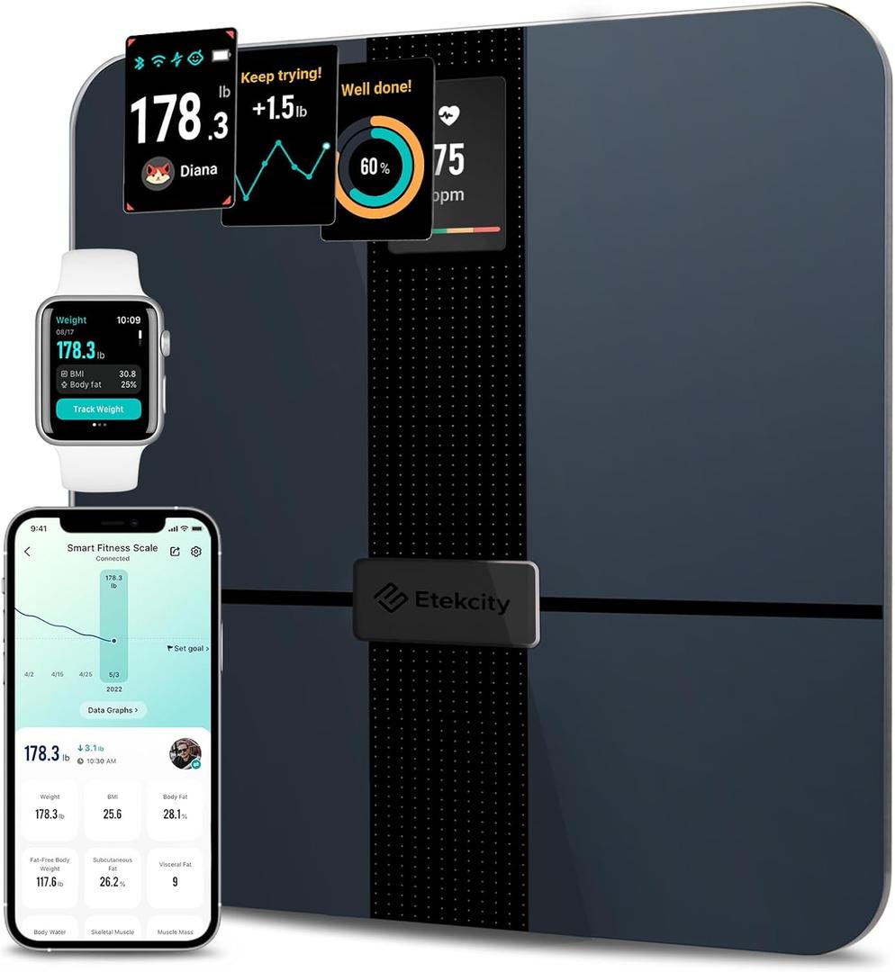 Etekcity Smart Scale for Body Weight Fat, FSA HSA Eligible, Digital Bathroom Weighing Machine for Accurate BMI Muscle Mass Composition, Home Use Apple Health Compatible Fitness Equipment (11.9 x 11.9 x 0.95 inches, Color Screen-Black)