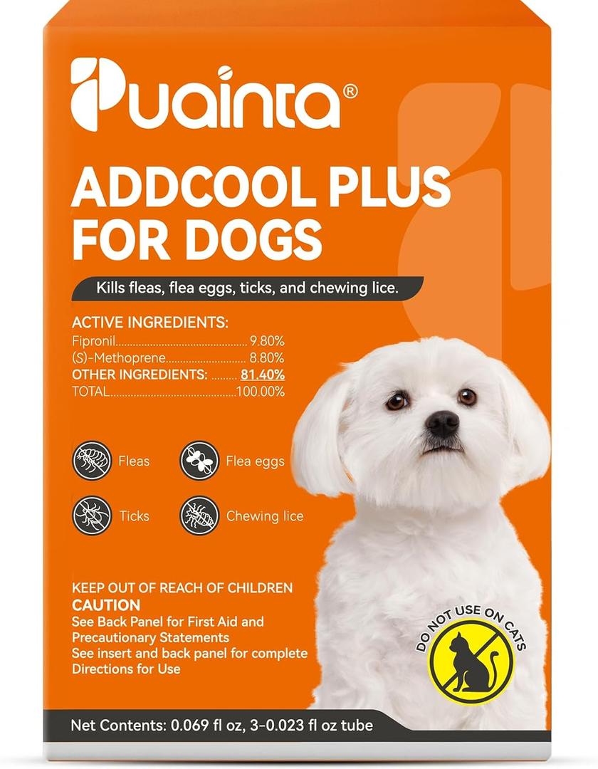 PUAINTA Addcool Plus Flea and Tick Prevention for Small Dogs & Puppies (5-22 lbs), Professional Topical Treatment, 3 Monthly Doses, Fast-Acting Waterproof Dog Flea Drops