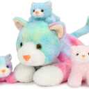 Muiteiur 4 Piece Cats Stuffed Animals, 15.7 inch Mom Plush Cat with 3 Kittens Stuffed in Zipper Pouch, Cute Rainbow Mom and Baby Stuffed Kitten for Kids Girls Boys Gift for Birthday