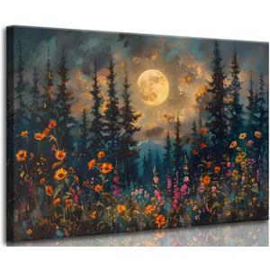 Full Moon Forest Canvas Wall Art Moonlit Pine Tree Mountains and Wildflowers Woodland Nature Landscape Picture Wall Decor Poster Print Artwork for Bedroom Living Room Home Decoration, 24"L x 16"W