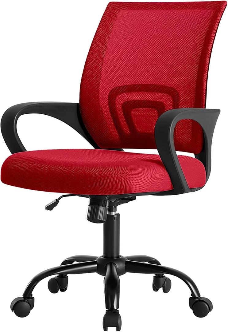DUMOS Home Office Chair - Ergonomic Mid Back Mesh Desk Chair with Lumbar Support & Rocking Mode, Height Adjustable with Fixed Armrest, for Computer, Gaming, Meeting, 360 Swivel, Red, 22.6" x 23.62" x 37.4"