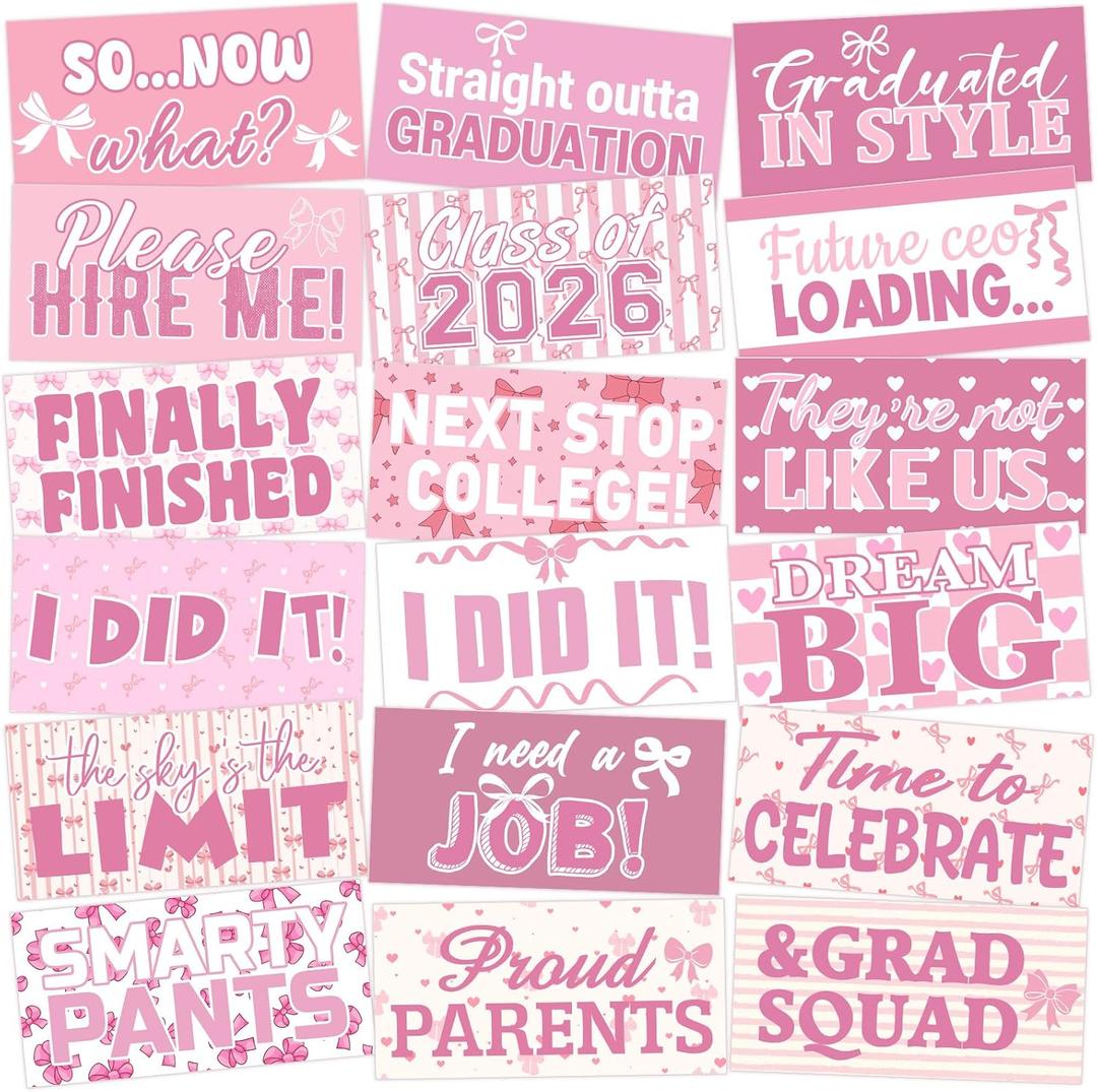 24 Designs Pink Bow Graduation Photo Booth Props Class of 2026 Coquette Double Sided 11x5.51'' Pink and White Graduation Decor Picture Props for Photoshoot Supplies Selfie Sign for Grad Prom Party
