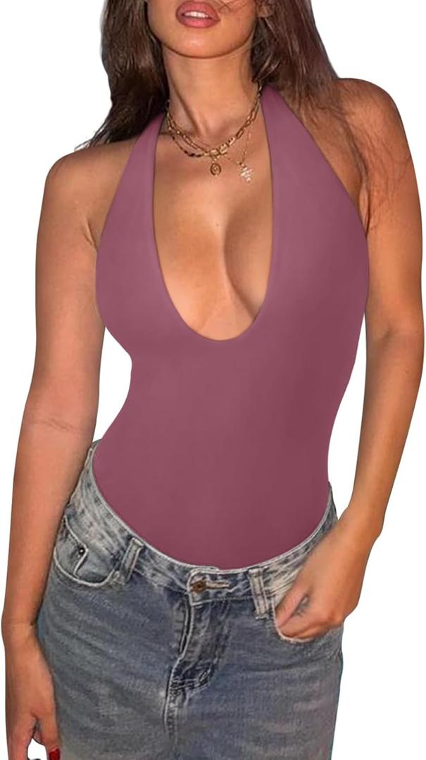 REORIA Bodysuits for Women Halter Tops 2025 Summer V Neck Backless Body Suits Tank Top Trendy Fashion Clothing, Large