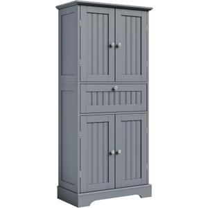 ChooChoo 51" H Tall Bathroom Floor Cabinet, Modern Bathroom Storage Cabinet with Drawer and Adjustable Shelves, Freestanding Kitchen Pantry Cupboard with 4 Doors for Living Room, Grey