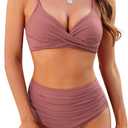 ZAFUL Women High Waisted Bikini Sets Two Piece Swimsuit Push Up Twist Front Ruched Bathing Suit (Medium, Brown Red)