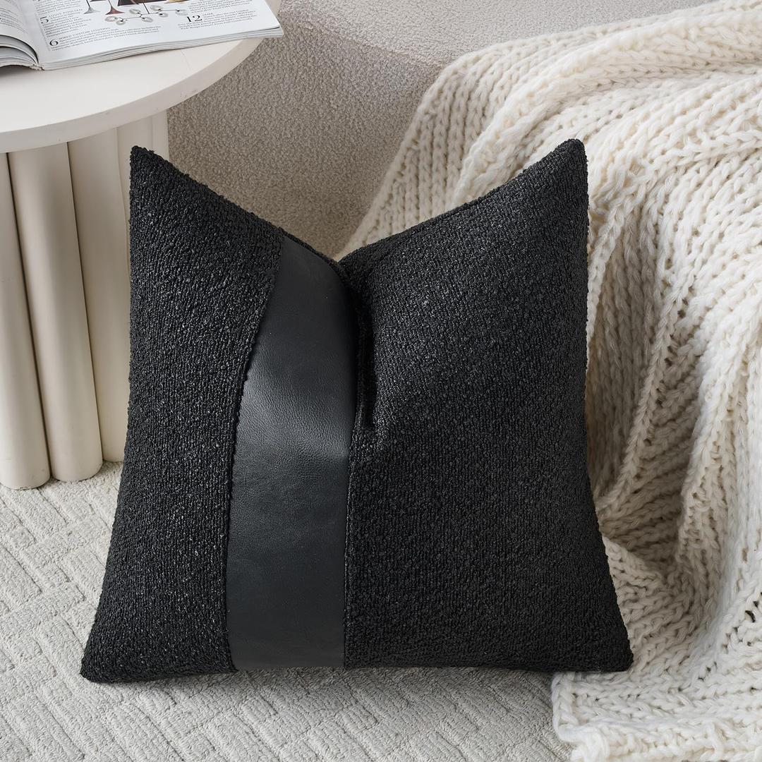 Pack of 1 Faux Leather Boucle Throw Pillow Covers 18"x18" Black Chic Accents Textured Square Decorative Pillow Cases for Living Room Couch Bed Farmhouse Boho Home Decor