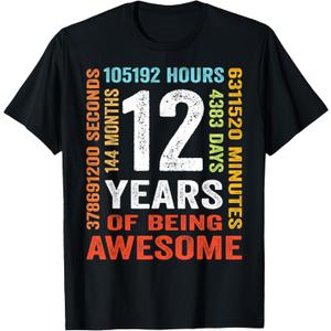 12 Years 144 Months of Being Awesome 12th Birthday Gifts T-Shirt, Black, Small