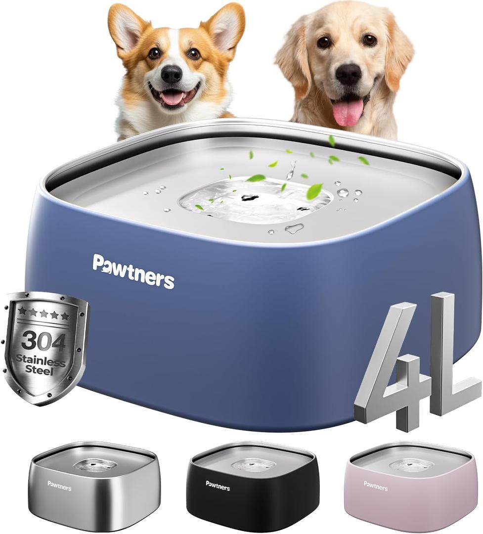 Dog Water Bowl No Spill, 4L All Stainless Steel, Slow Drinking for Dogs with Non-Slip Base, Spill Proof Dog Water Bowl for Medium Large Messy Drinkers, Slobber Stopper, No Mess, Blue (Cobalt)