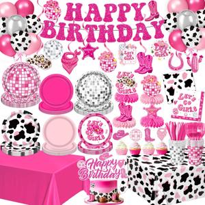 Cowgirl Birthday Party Decorations – Plates, Napkins, Cups, Banner, Hanging Swirls, Tablecloths, Balloons, Cake & Cupcake Toppers, Honeycomb Centerpieces – Disco Cowgirl Party Decorations, Serves 24