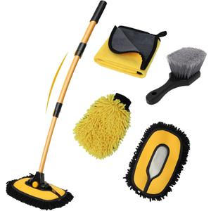 Car Wash Brush with Long Handle, 15Curved Car Cleaning Brush with Replaceable Head Cover, Truck Washing Brush with Telescopic Handle Wash Mop Kit 5PCS (Yellow)