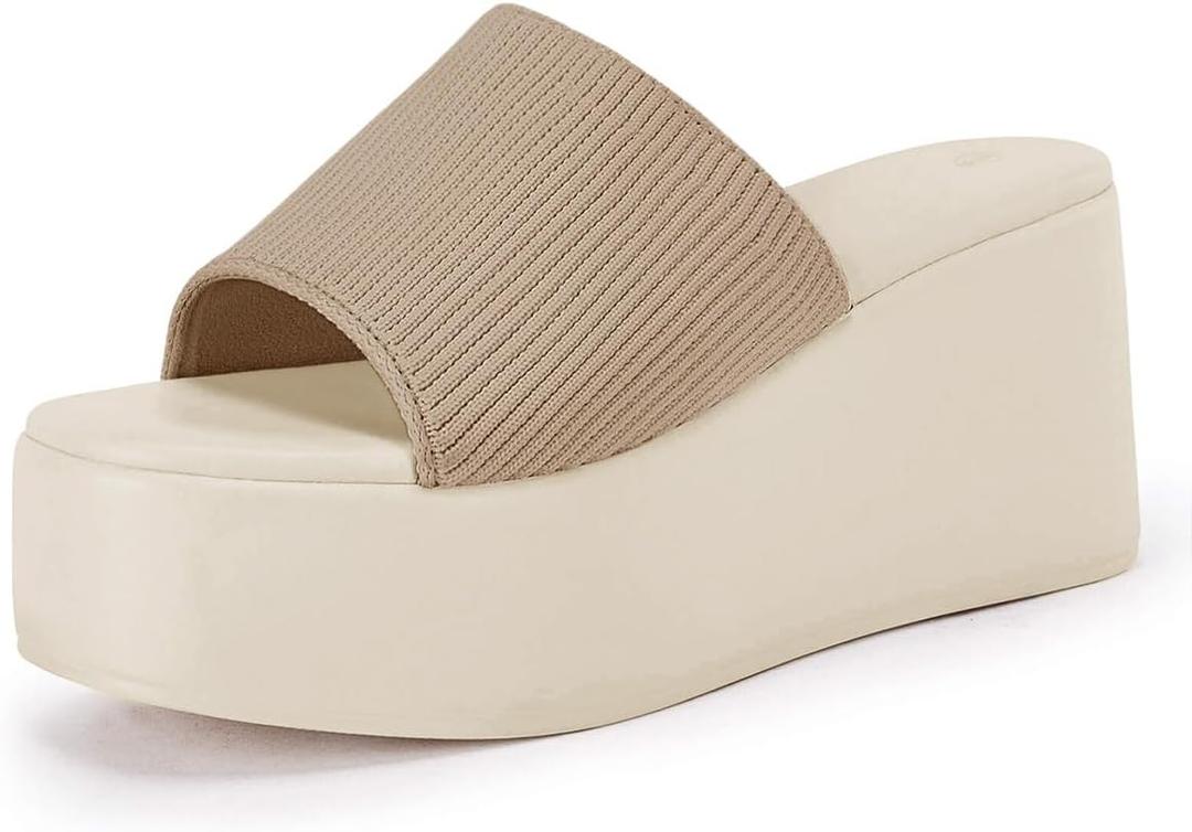 Coutgo Womens Platform Slides Sandals Square Open Toe Slip On Elastic Band Casual Lightweight Wedge Shoes (Brown)