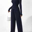 PRETTYGARDEN Women's 2 Piece Lounge Sets Asymmetrical Long Sleeve T Shirt Wide Leg Pants Casual Outfits Tracksuit (Navy,Large)