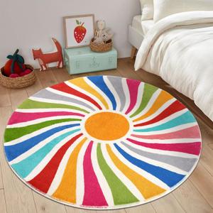 Topotdor Sun Rainbow Round Rug, Colorful Boho Kids Rug Ultra Soft Washable Nursery Rug for Bedroom Perschool Classroom, 47" Round