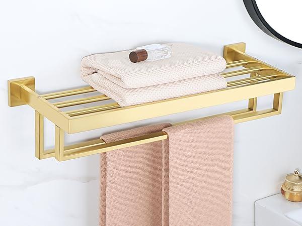 Alise Towel Rack with Double Towel Bar, 24 Inch Towel Racks for Bathroom, Modern Towel Holder for Bathroom Wall, SUS304 Stainless Steel Towel Shelf, Brushed Gold