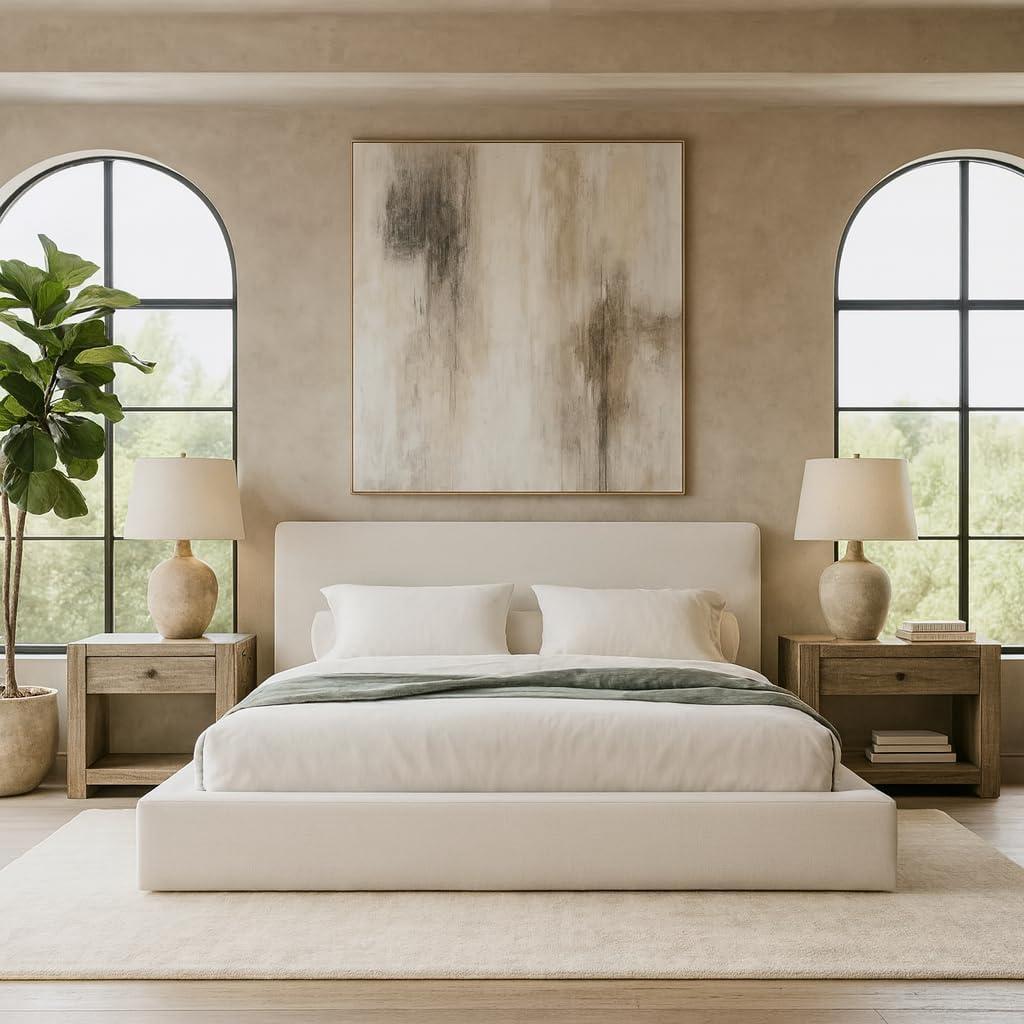 Square Bed – Washable Zip Cover - Upholstered Linen Soft Foam - Modular Minimalist Modern - Sold Separately (White Linen, King Headboard)