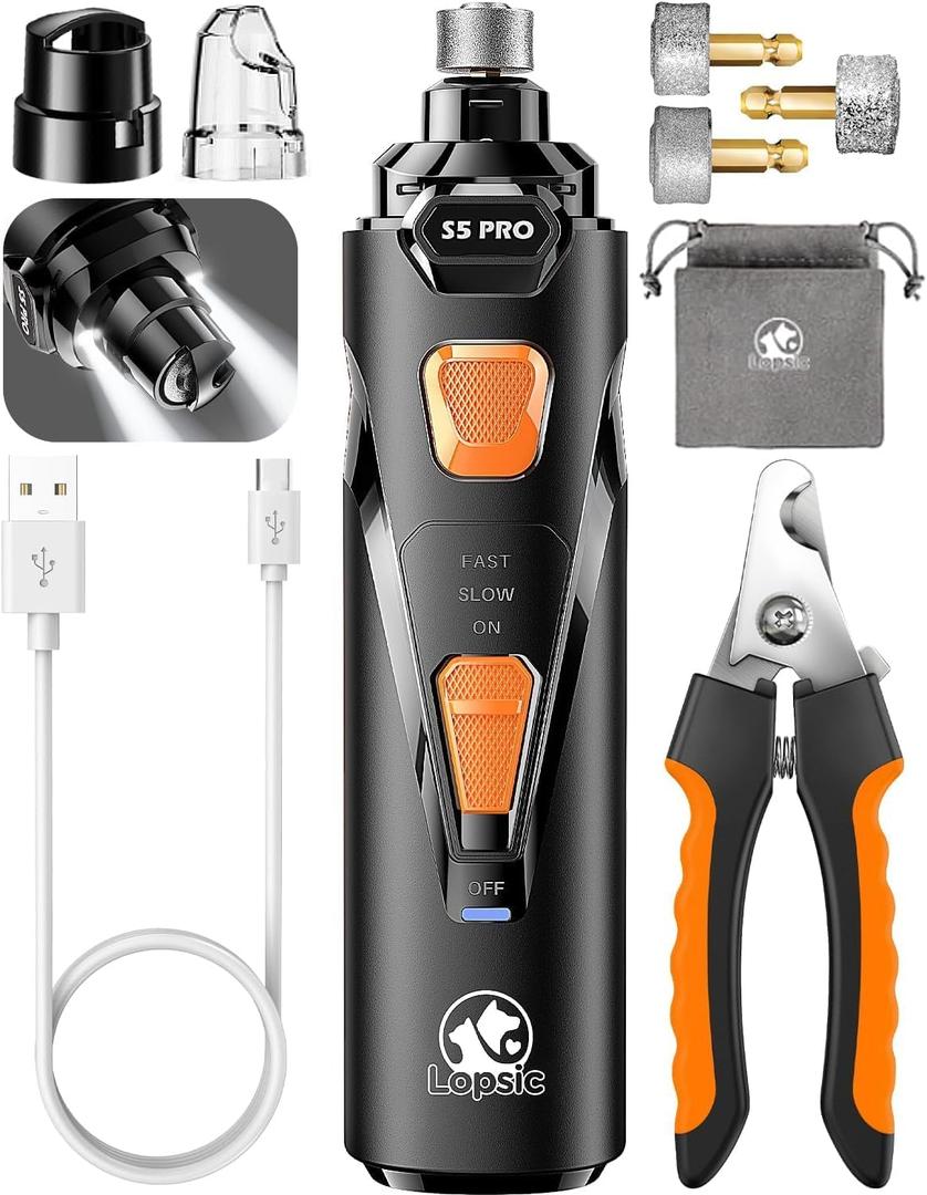 Whisper Quiet Dog Nail Grinder with 4 LED Lights, Safe & Stress-Free for Sensitive Dogs Cats of All Breeds & Sizes, 3 Grinding Bits, 3-Speed, Pet Nail Trimmers, Rechargeable Painless Grooming Kit (Black)