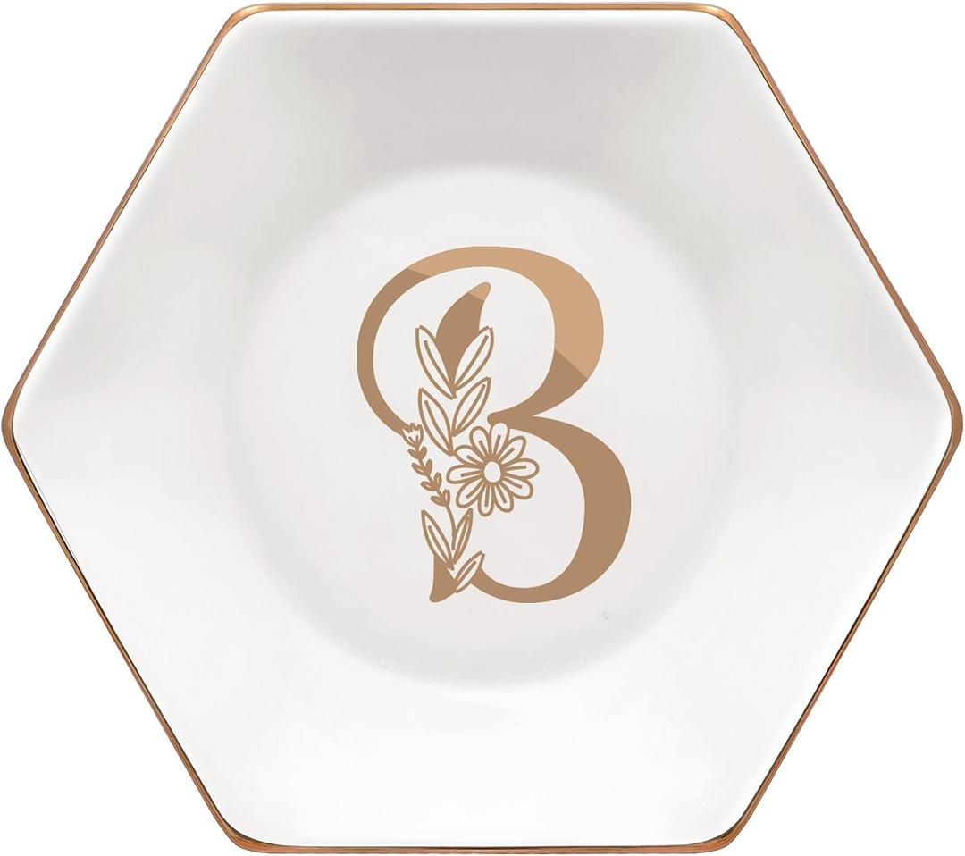 CARAKNOTS Initial Jewelry Dish for Women-Ceramic Ring Holder for Watch Earrings, Mothers Day Gifts for Mom, Wedding Engagement Bridesmaid Monogrammed Trinket Tray with Floral Gift Box (White Letter B)