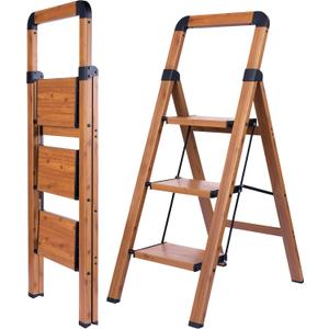 Step Ladders Folding 3-Step Woodgrain Finish Aluminum Foldable Step Stool,Anti-Slip Portable Sturdy for Home & Kitchen Office 330 lbs