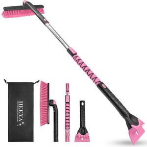 HEEYA 48 Inch Long Snow Brush for SUV, Extendable Ice Scraper and Brush with Foam Grip, 360° Pivoting Snow Car Brush for Truck Auto Jeep RV Vehicle Windshield Window - Pink