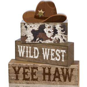 Yuntau 4 Pcs Western Tiered Tray Decorations Set Cowboy Hat Stack Block Signs Desert Farmhouse Rustic Tabletop Tiered Tray Decor for Table Shelf Home Office