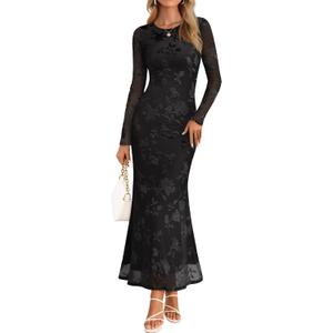 MEROKEETY Women's 2026 Spring Wedding Guest Maxi Dress Long Sleeve Bodycon Floral Mesh Fall Cocktail Formal Party Dresses (Black) S