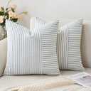 MIULEE Light Blue and Beige Patchwork Farmhouse Pillow Covers 20x20 Inch, Pack of 2 Striped Linen Spring Decorative Modern Accent Pillow Cases for Sofa Couch Bedroom