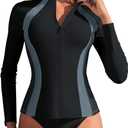 ATTRACO Womens Rash Guard Long Sleeve UV Protection Swimming Jackets Front Zip Swimsuits Black M