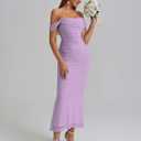 KUTUMAI Off The Shoulder Maxi Long Dress Corset Ruched Bodycon Cocktail Formal Wedding Guest Dresses for Women (Purple, L)