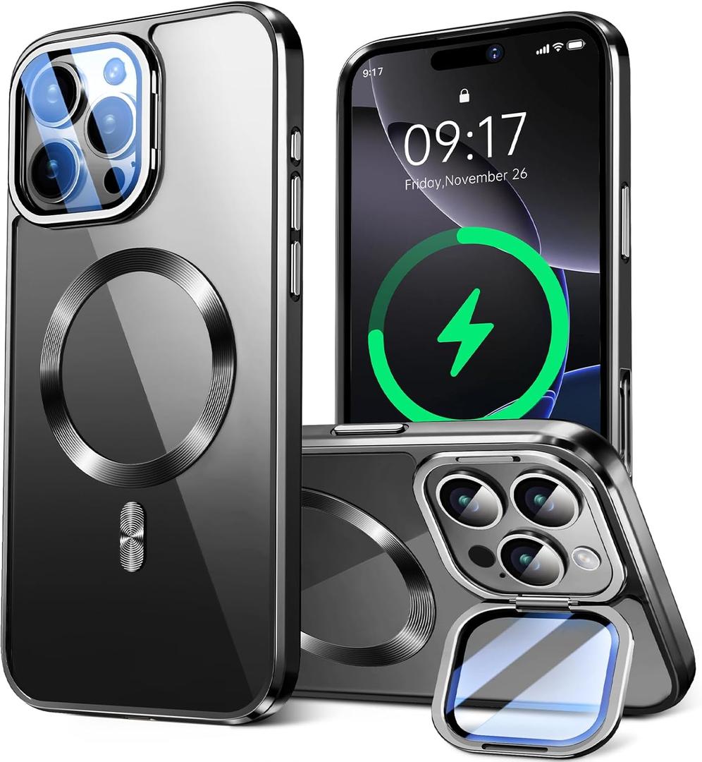 for iPhone 16 Pro Case Compatible with Magsafe Accessories,Stash Stand 9H Lens Protection,Slim Phone Case Military-Grade Shock Anti Yellowing Transparent Case 6.3-Black