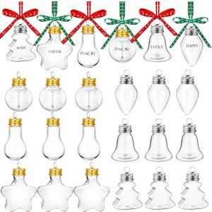 24 Pieces Christmas Booze Balls, Christmas Tree Ornaments Fillable Clear Plastic Ornaments Balls with Screw Off Cap and Ribbons for Christmas Tree Hanging Decoration