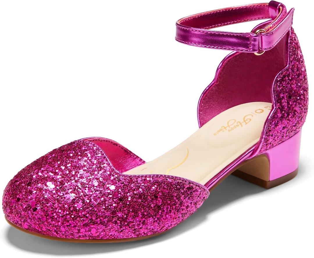 PATPAT Girls Dress Shoes Glitter Princess Shoes Mary Jane Low Heels Party Wedding Prom Girls Footwear Cloudtech Triple Cushioning Ultra Cozy Soft for Little Kid Daily Wedding Party Prom (Hot Pink, 8)