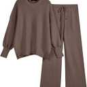 LILLUSORY Women 2 Piece Outfits Sweatsuit Oversized Knit Pullover Sweater Tops Wide Leg Pants Lounge Set (Medium, Nutmeg)