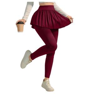SOLY HUX Women's Leggings with Pleated Skirt Elastic High Waisted Workout Yoga Skinny Pants Pure Burgundy Medium