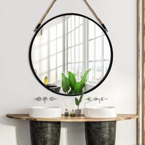 POZINO Round Mirror, 24 Inch Hanging Mirror with Rope, Circle Wall Mirrors, Black Frame Farmhouse Mirrors for Bathroom Bedroom Living Room Entryway Home Decor