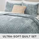 RECYCO Luxury Velvet Quilt Set King Size Bedding Sets, Ultra Soft Velvet Comforter Set, Lightweight Channel Box Stitch Oversized Bedspread Coverlet for All Season, with 2 Shams, Blue Linen