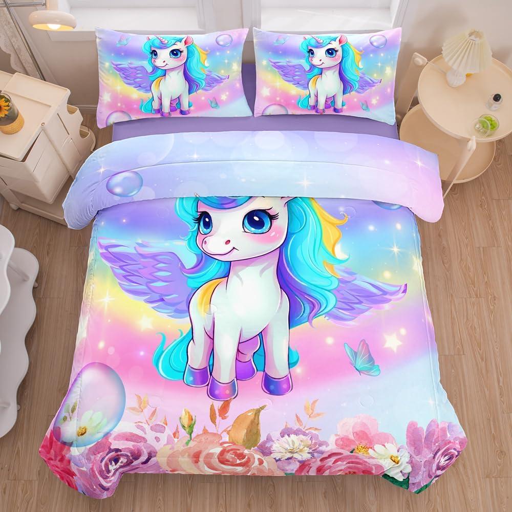 5PCS Unicorn Comforter Sets, Girls Bedding Sets, Unicorn Bedding Sets, Twin Comforter Set for Girls(Unicorns Bed Sets with Sheets)