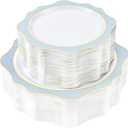 100 PCS White and Blue Disposable Plates for 50 Guests, Scalloped Plastic Plates Include 50 Dinner Plates and 50 Dessert Plates for Party, Wedding and Graduation