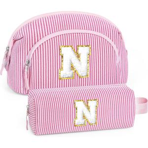 YOOLIFE 2 Pcs Pink Makeup Bag Toiletry Bag - Gifts for Sister Daughter Birthday Gift for Teen Girls Personalized Initial Cosmetic Bags Cute Makeup Bags Personalized Friend Gifts for Women Pink N