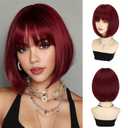 Bob Wig with Bangs Short Hair Wig Burgundy Red Bob Wigs for Women 12 Inches Synthetic Wig Straight Cosplay Wigs Colorful Wine Red Natural Hair Replacement Wigs for Girls Hoilday Daily Party Use