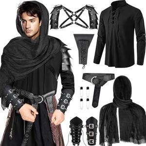 Fasouna 7 Pcs Men's Renaissance Costume Set Medieval Pirate Shirt Viking Shawl Belt Shoulder Armor Sword Bag Cosplay (Medium), Missing Parts, Only 3 Items